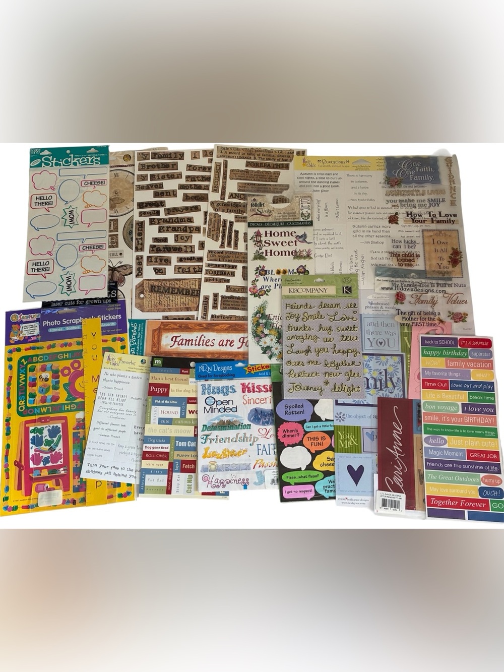 ASSORTED VINTAGE SCRAPBOOK SUPPLIES BUNDLE STICKERS WORDS QUOTES DIE CUTS